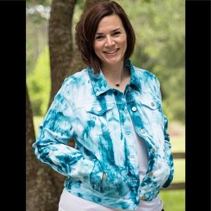 Hand dyed denim jacket in turquoise.